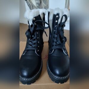 Sugar Black Lace Up Boots with White Fur Trim NWOT